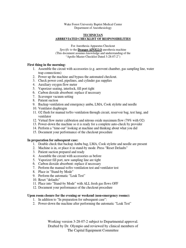 First Thing in The Morning:: Technician Abbreviated Checklist of ...