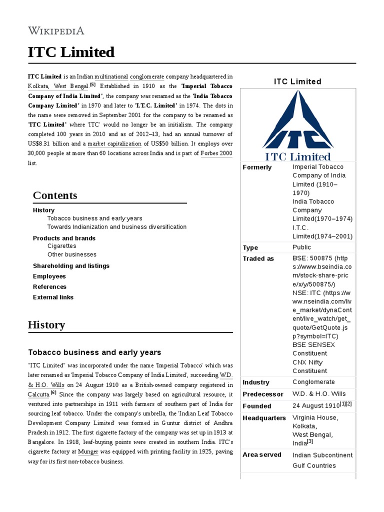 indian tobacco company wiki ITC Limited | PDF | Companies