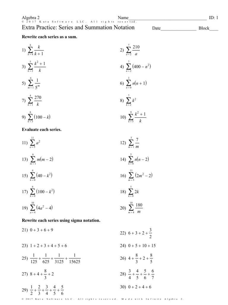 Extra Practice Series And Summation Notation 1v3r7i1 Summation Mathematical Concepts