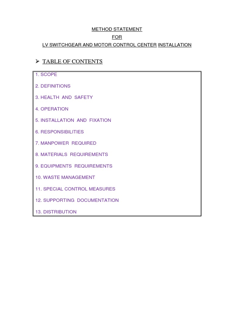 LV Switchgear Installation Method Statement | PDF | Engineering