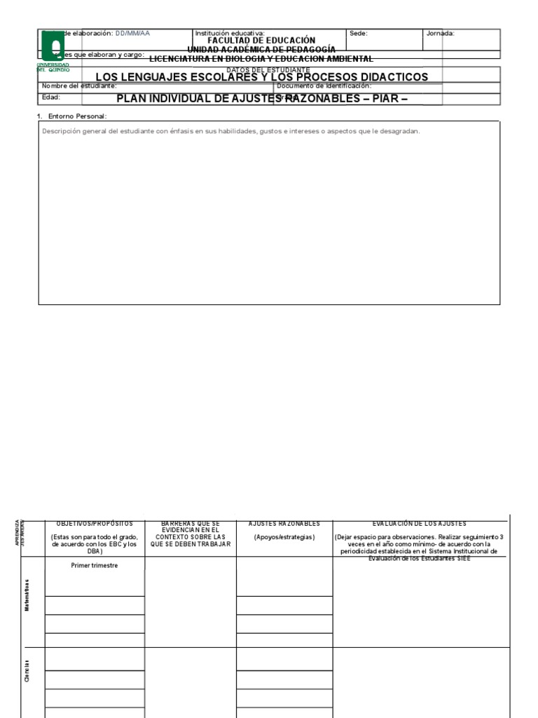 Plan Individual de Ajustes Razonables - Piar | PDF | Educación de la ...