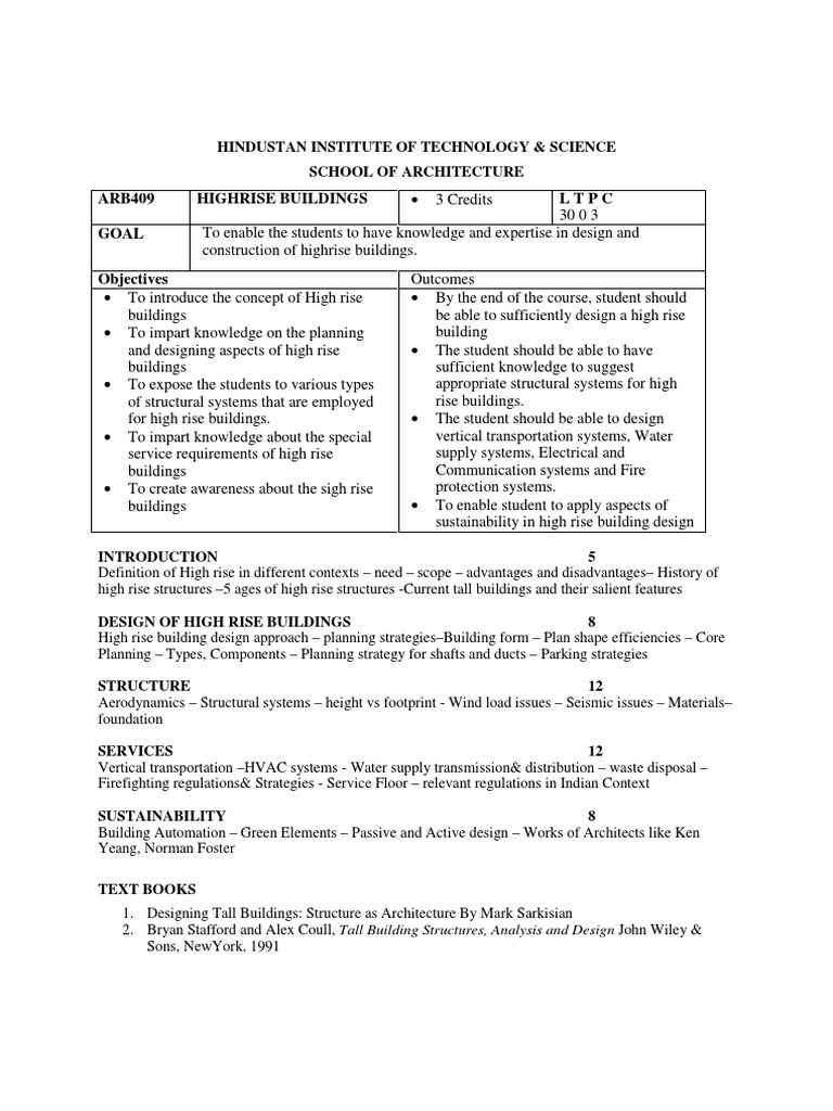 Syllabus ARB409 High Rise Buildings PDF Building Design
