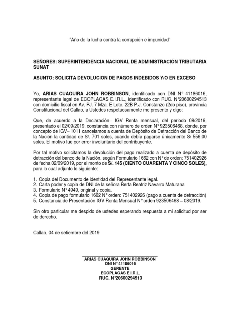 Solicitud de Devolucion Sunat Pago Exceso o Indebido | PDF