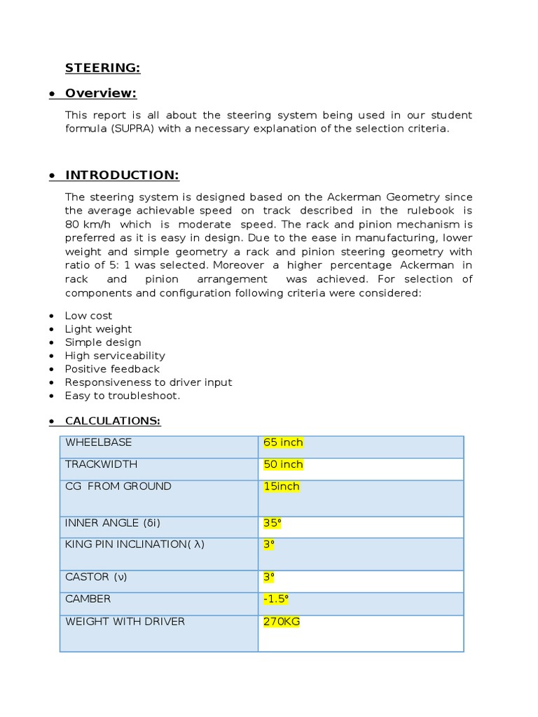 Steering System Design and Calculations | PDF | Torque | Vehicles