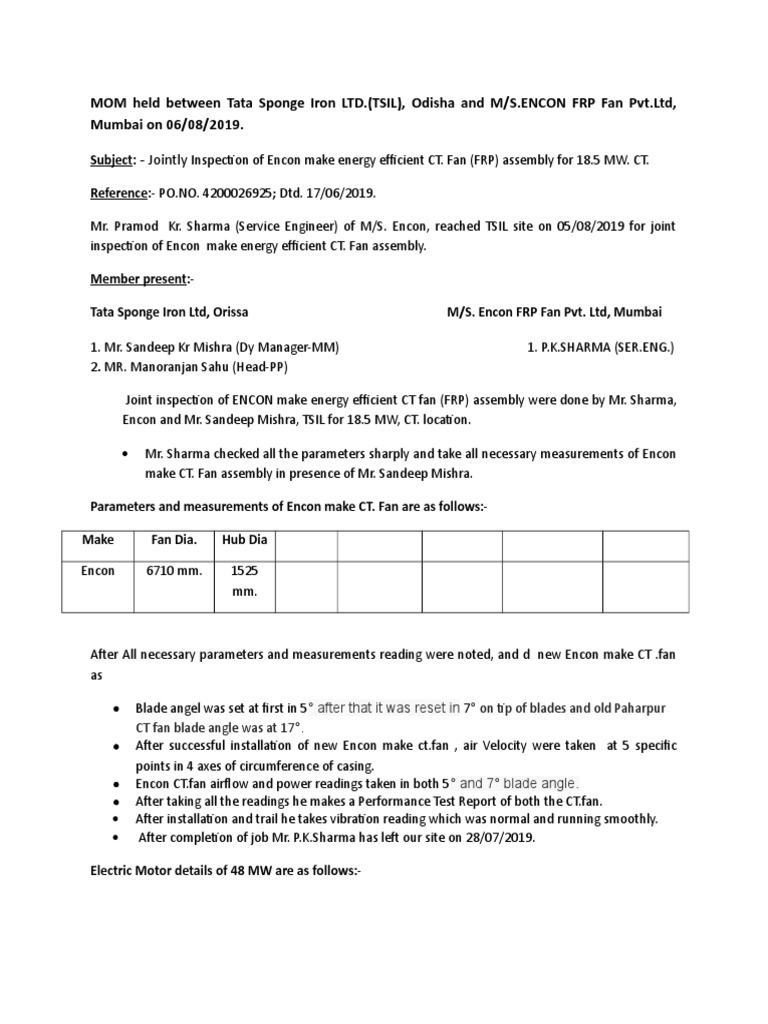 Encon CT Fan Inspection Report | PDF | Electric Power | Power (Physics)