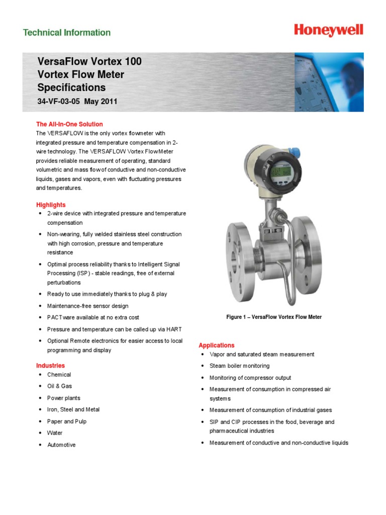 Data Sheet Honeywell-Vortex (Versaflow) | PDF | Flow Measurement | Gases