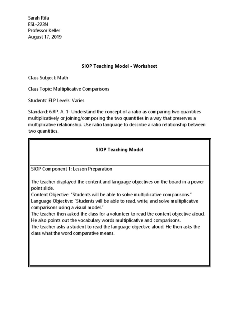 SIOP Teaching Model - Worksheet | PDF | Books | Ratio