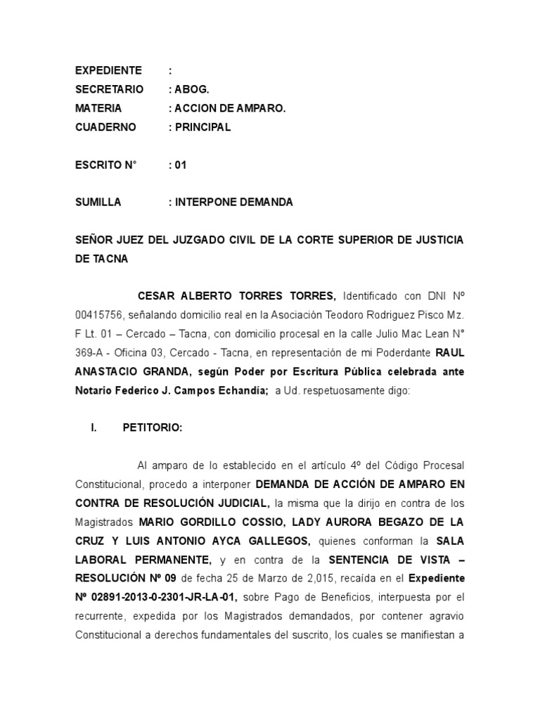 Demanda de Amparo Contra Resolucion Judicial | PDF | Derecho Constitucional  | Debido al proceso