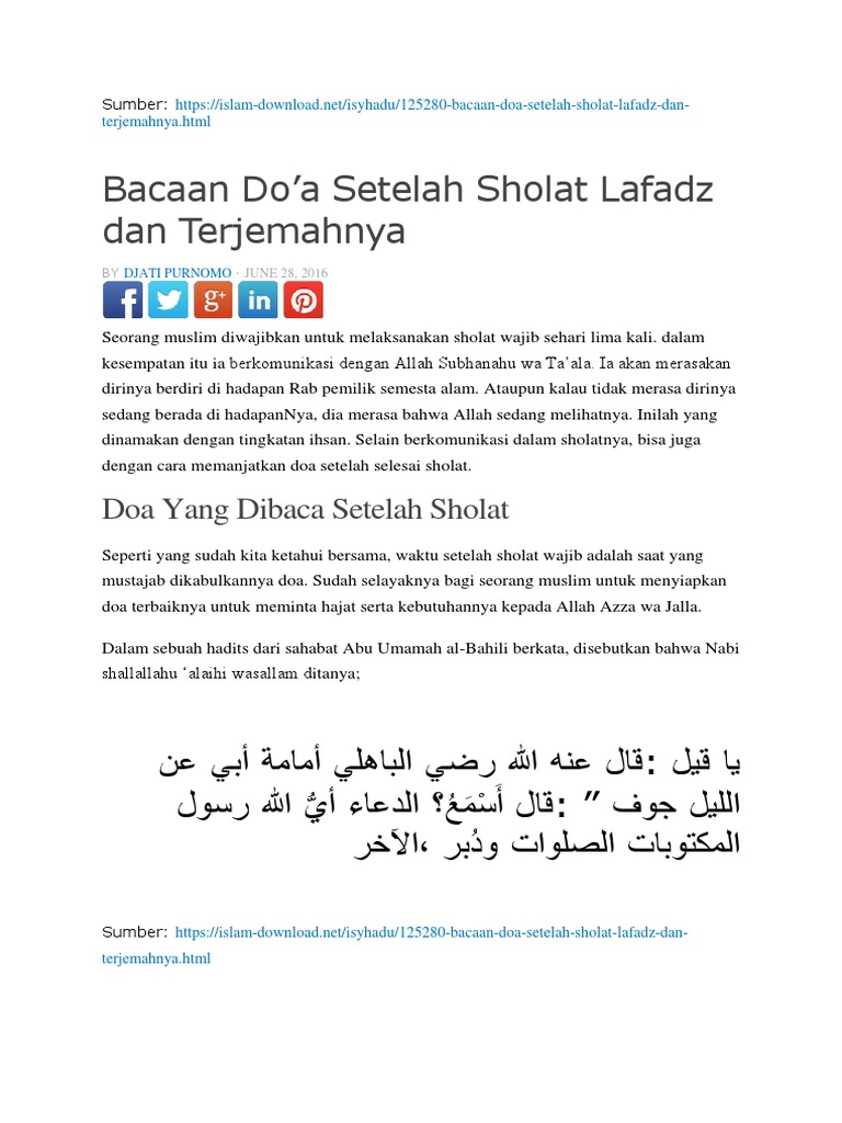 Bacaan Do A Setelah Sholat Lafadz Dan Terjemahnya