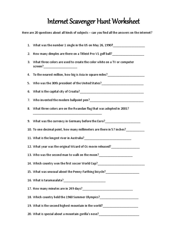 Internet-Scavenger-Hunt-For-Kids Questions For Internet Scavenger Hunt Worksheet