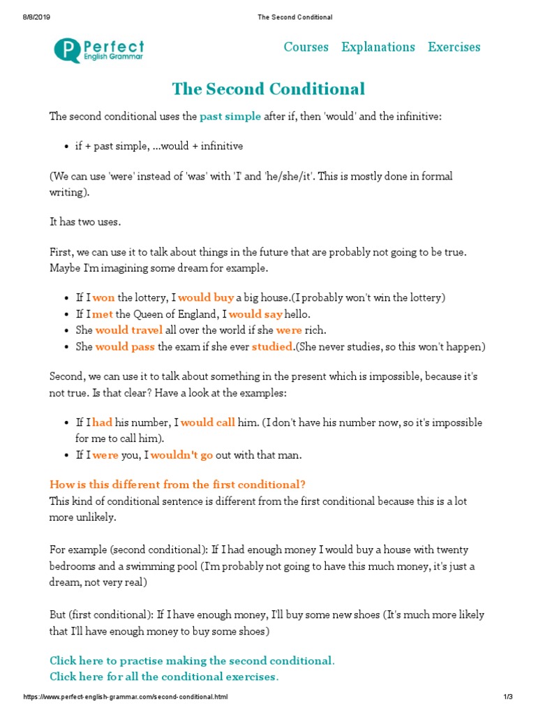 The Second Conditional: Exercises Explanations Courses | PDF | Linguistics