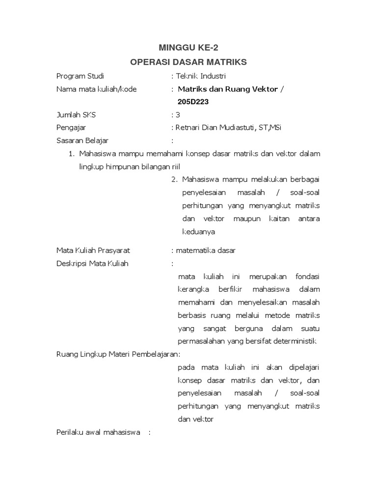 Operasi Dasar Matriks Dan Penjumlahan Pdf