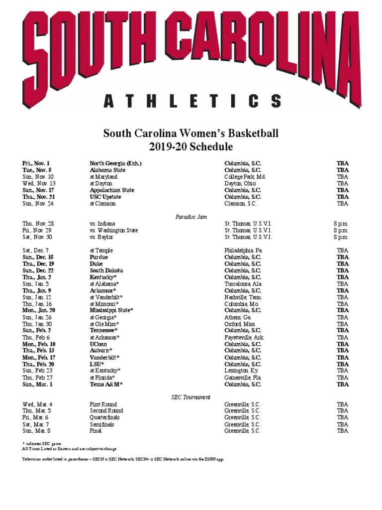 SC Women's Hoops Basketball Schedule | PDF | Southeastern Conference | Ncaa Football for Lsu Women S Basketball Schedule 24 25 Printable Free
