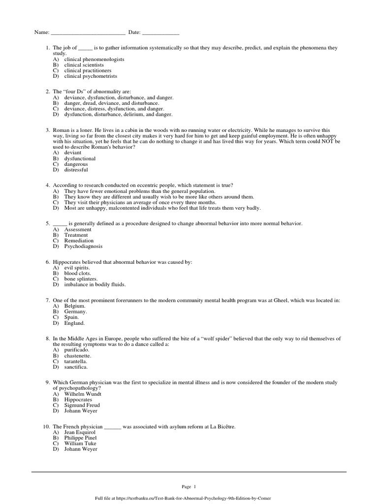 TestBankforAbnormalPsychology9thEd.pdf Psychotherapy Mental