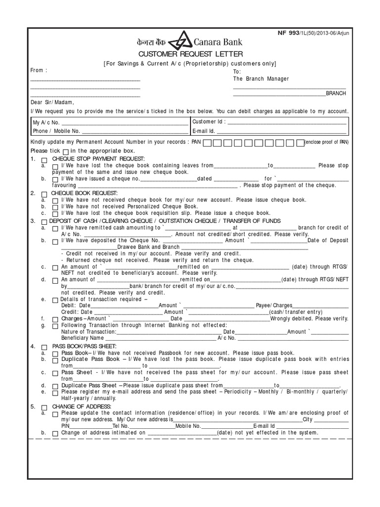 Canarabank Request Latter Cheque Credit Card