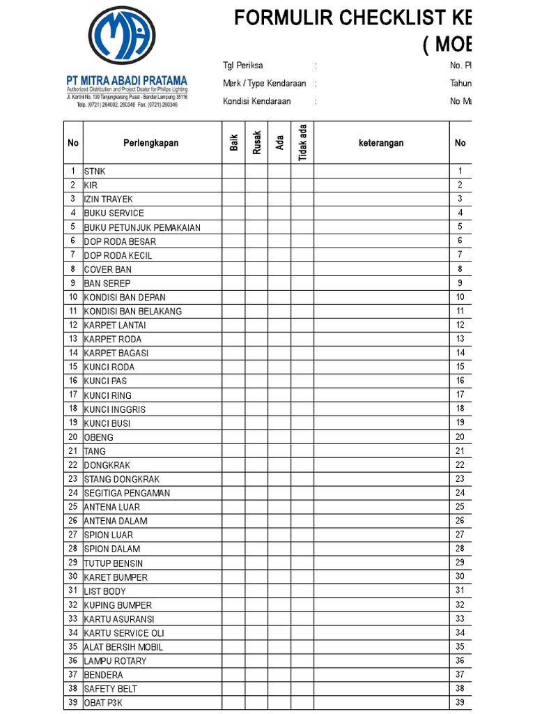 Form Checklist Kendaraan Inventaris