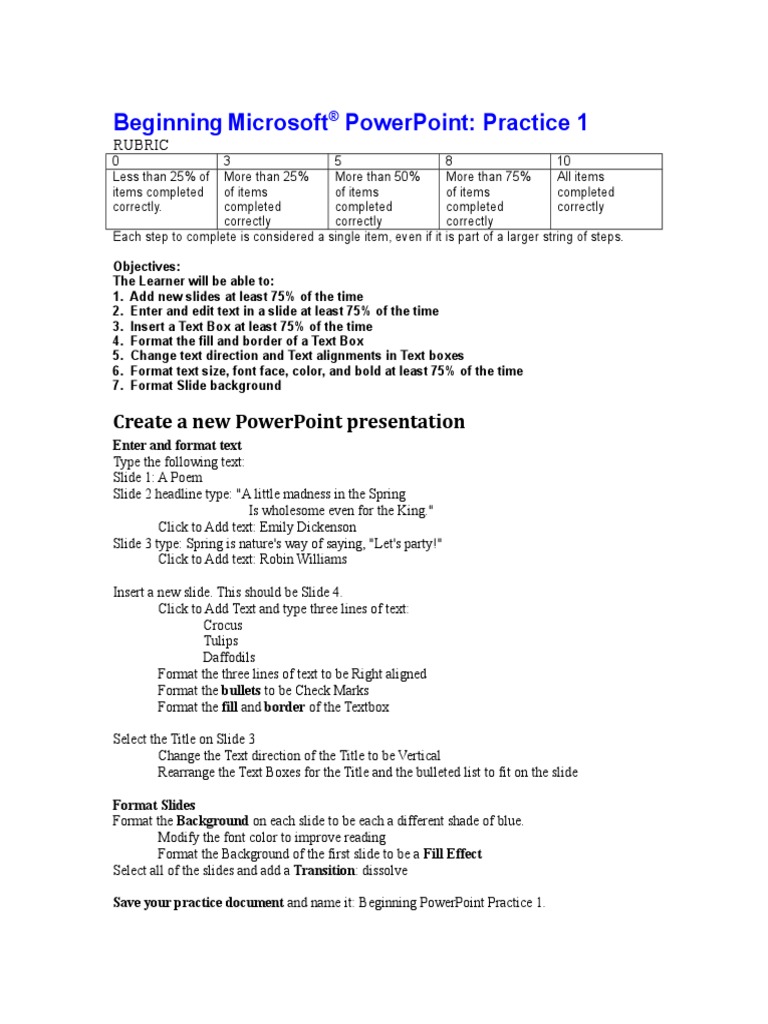 PowerPoint Beginning Practice Actvities | PDF | Microsoft Power Point ...