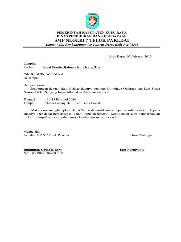 Surat Izin Kegiatan O2SN Siswa | PDF