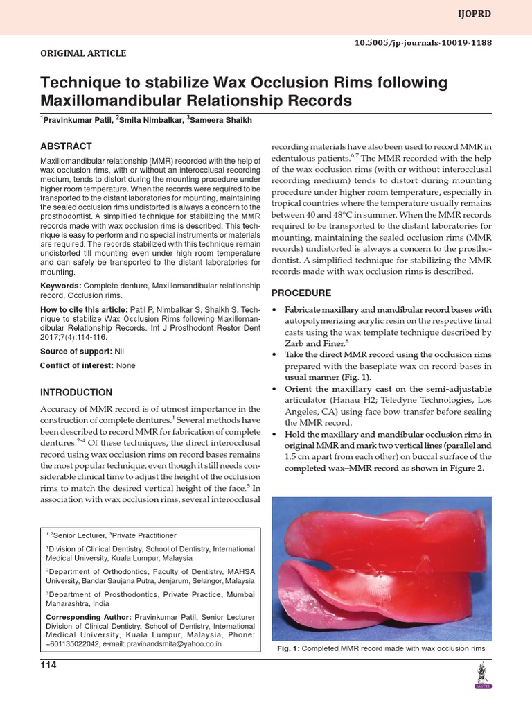 Technique To Stabilize Wax Occlusion Rims Following Maxillomandibular ...