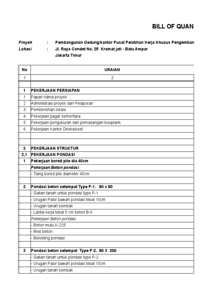 Contoh Bill of Quantity Proyek Gedung | PDF | Teknologi & Rekayasa