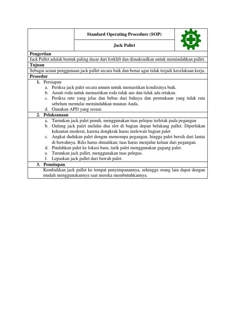 Standard Operating Procedure (SOP) for Safe Use of Pallet Jacks PDF