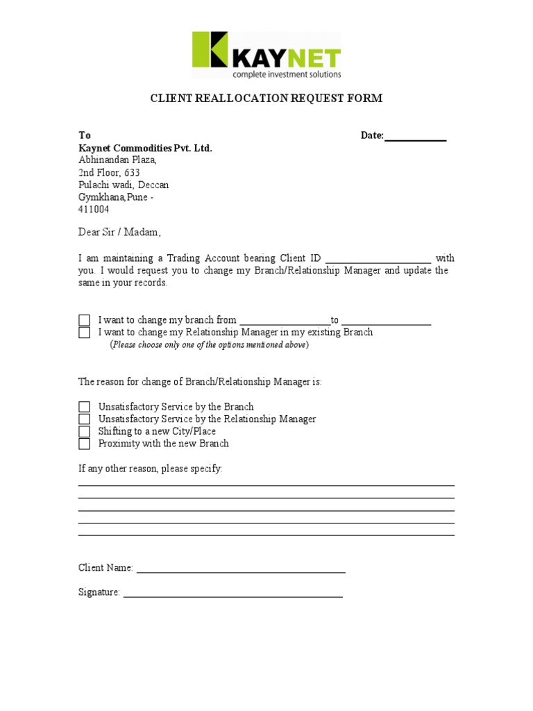 Client Reallocation Request Form - Commodity | PDF