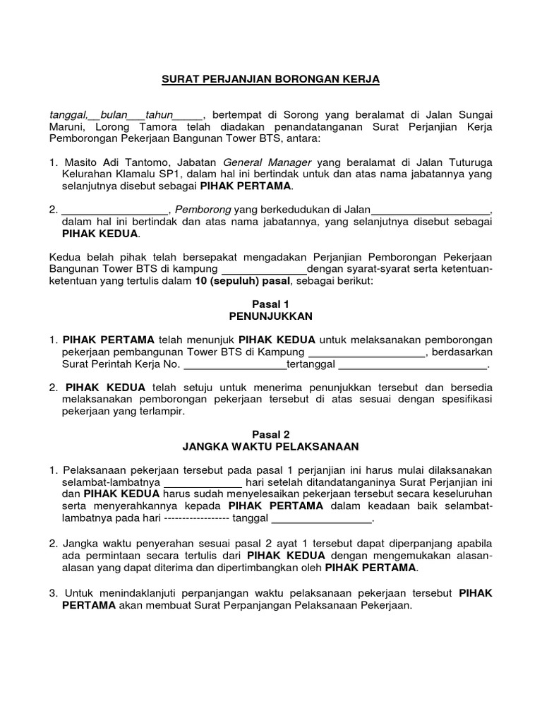 Contoh Surat Perjanjian Kerja Borongan Tower