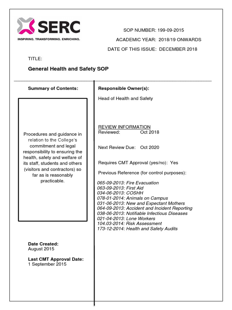 Policies General Health and Safety SOP PDF First Aid Emergency