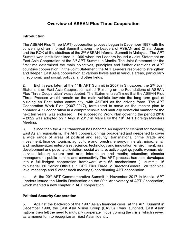 ASEAN Plus Three Cooperation Overview | PDF | Asean Free Trade Area ...