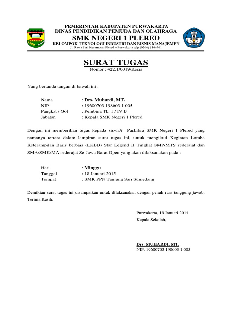 Surat Tugas Pembina Lomba  Kumpulan Contoh Surat