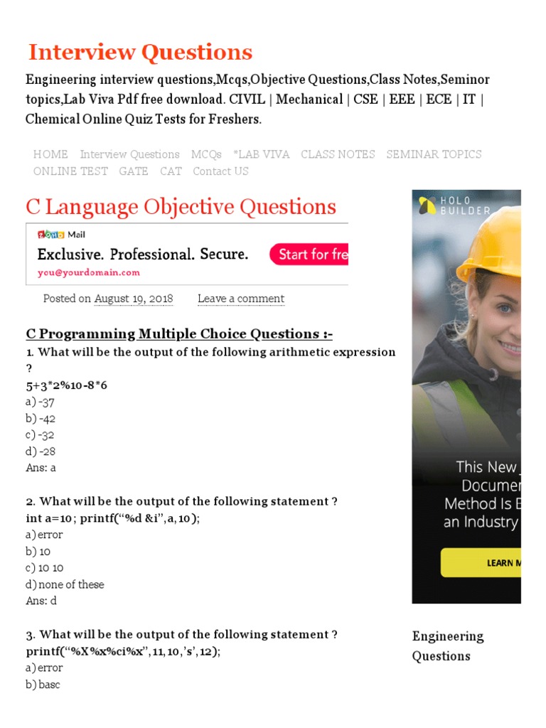 C Programming MCQs and Answers | PDF | C (Programming Language ...