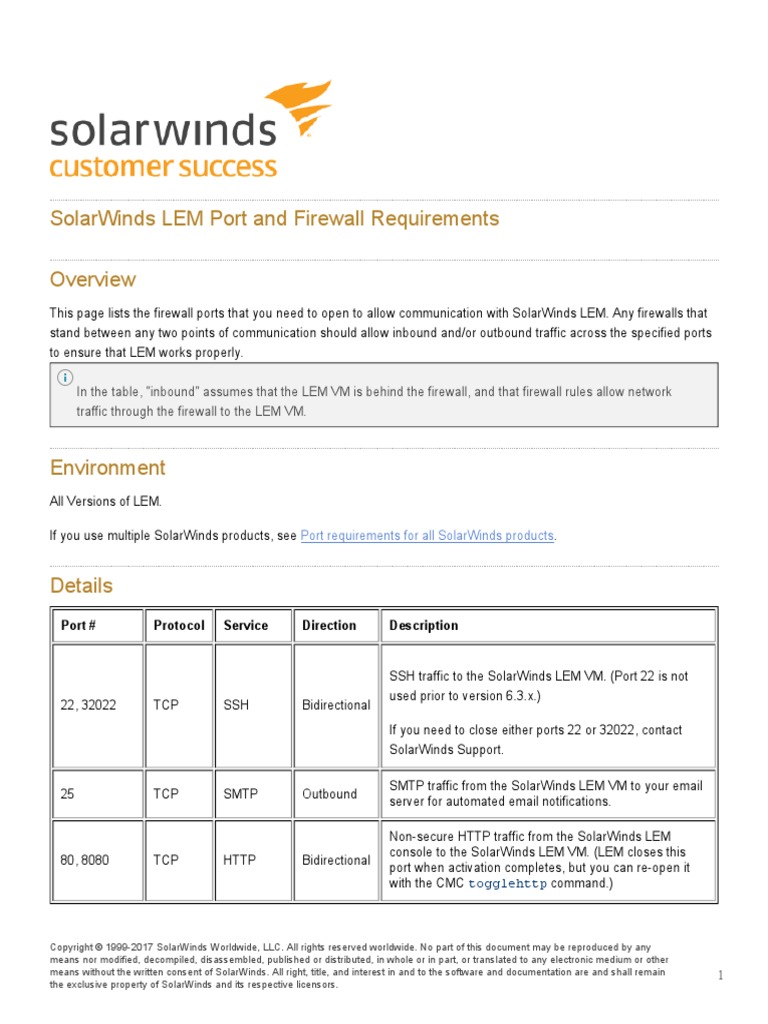 SolarWinds LEM Port and Firewall Requirements PDF Port Networking) Transmission
