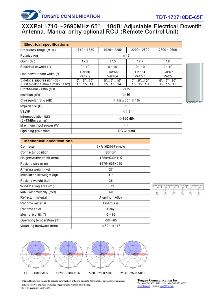 TDT-172718DE-65F Adjustable Electrical Downtilt Antenna | PDF | Antenna ...