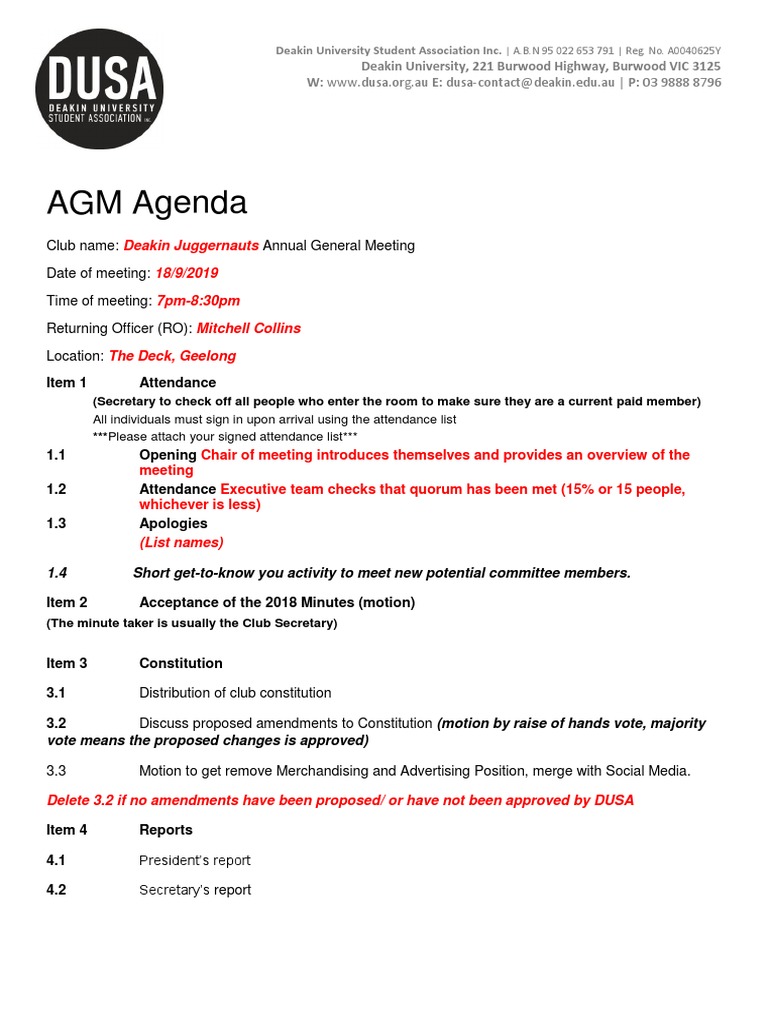 Deakin Juggernauts AGM Minutes Template | PDF | Social Institutions ...