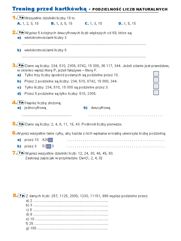 Test Z Matematyki Klasa 5 Wielokrotności I Dzielniki