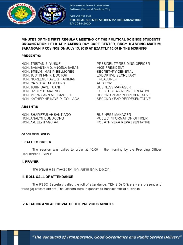 Minutes of The First Regular Meeting of The Psso | PDF | United Nations ...