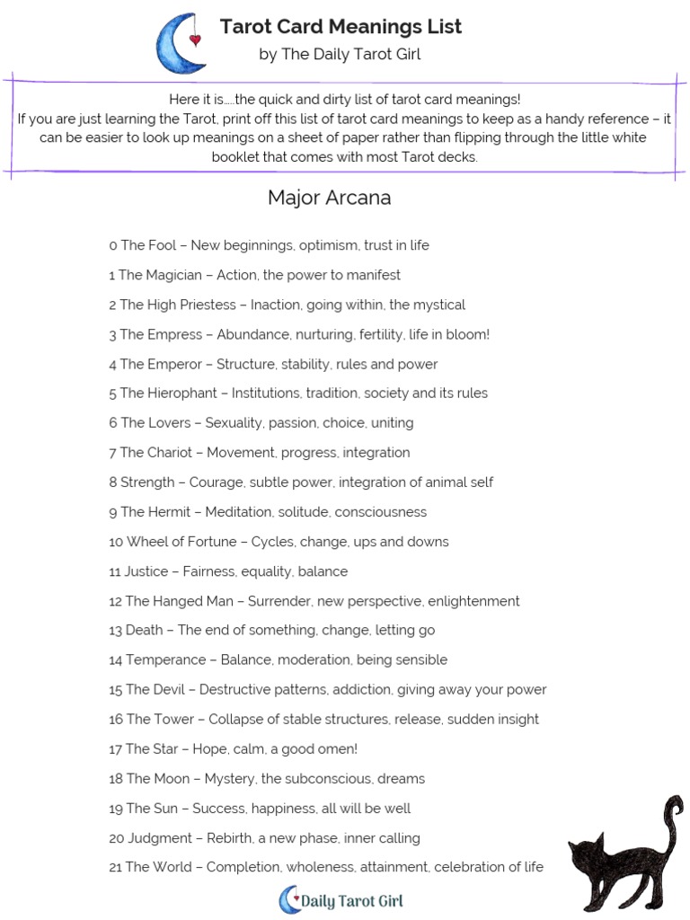 tarot card meanings list