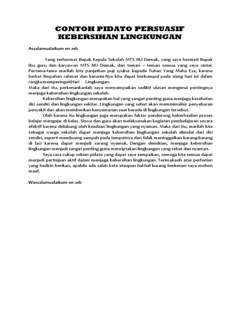 Contoh Pidato Persuasif Kebersihan Lingkungan  PDF