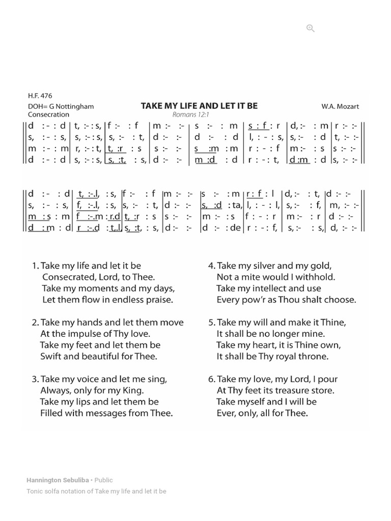 Hannington Sebuliba Public Tonic Solfa Notation of Take My Life and