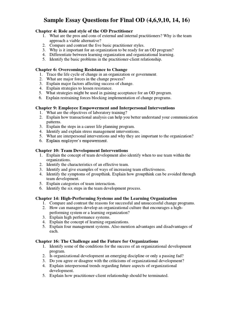 Sample OD Essay Questions and Topics | PDF | Organization Development ...