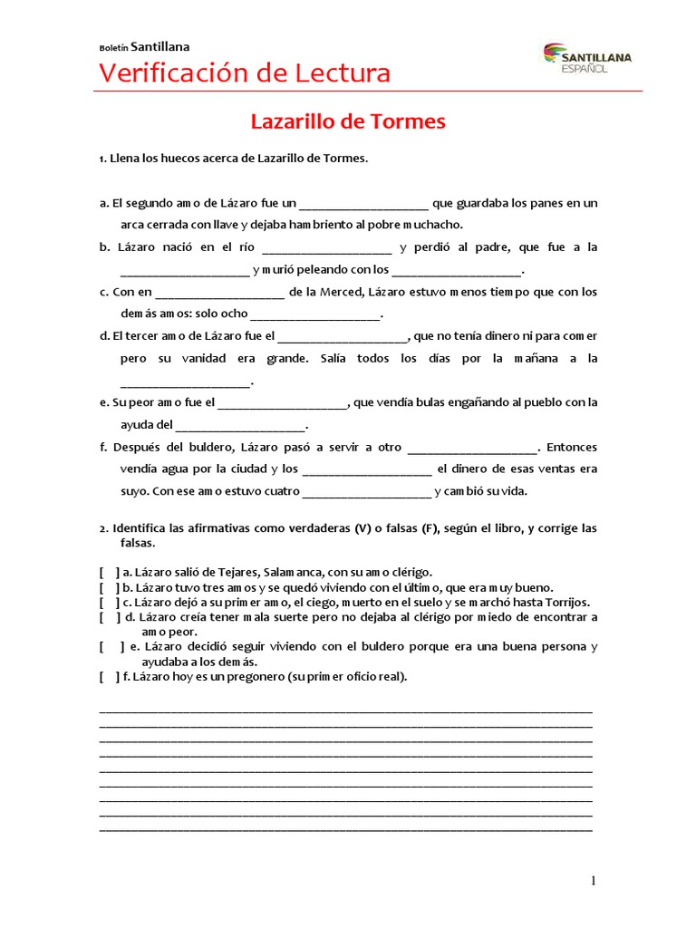 Verificación de Lectura: Lazarillo de Tormes | PDF | Religión y ...
