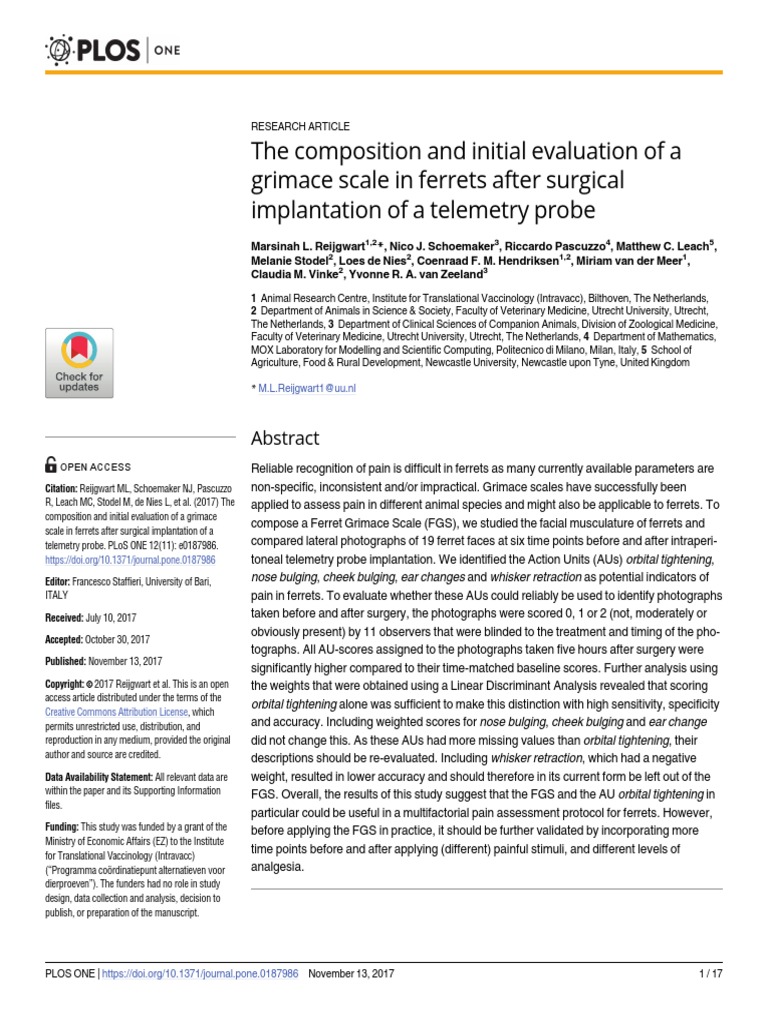 The Composition And Initial Evaluation Of A Grimace Scale In Ferrets After Surgical Implantation Of A Telemetry Probe Sensitivity And Specificity