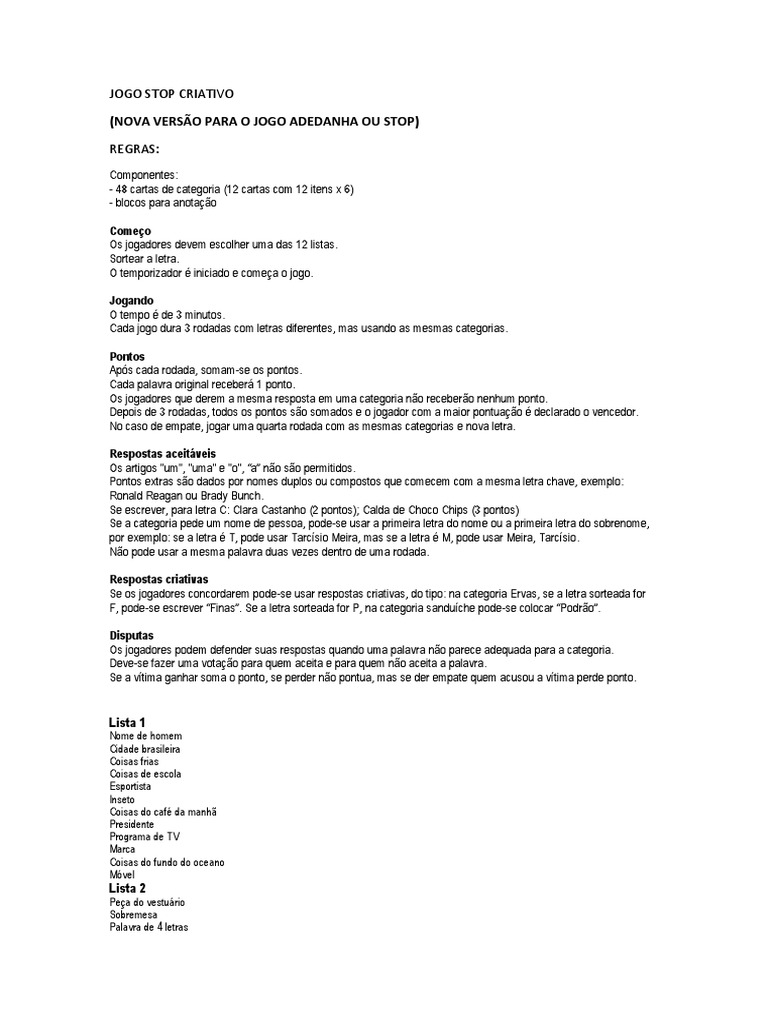 Jogo Stop Criativo Pdf Videogames Carnaval