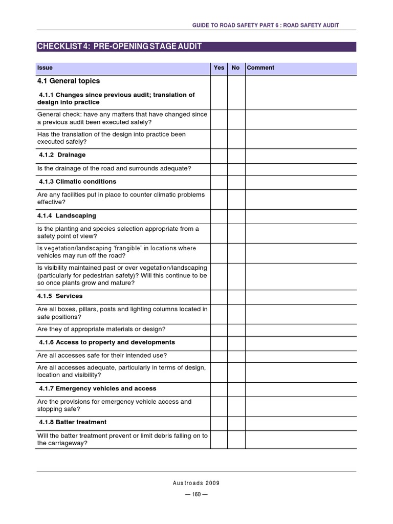 Pre-Opening Road Safety Audit Checklist | PDF | Road | Road Traffic Safety