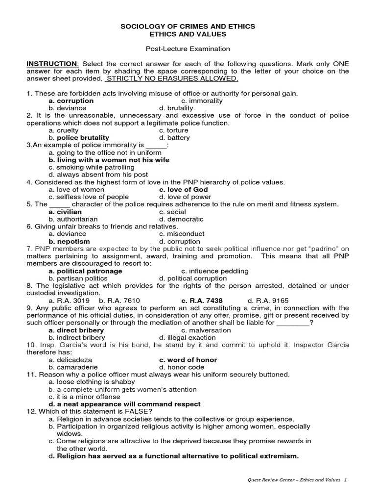 Answer Key On Ethics And Values Pdf Courage Police