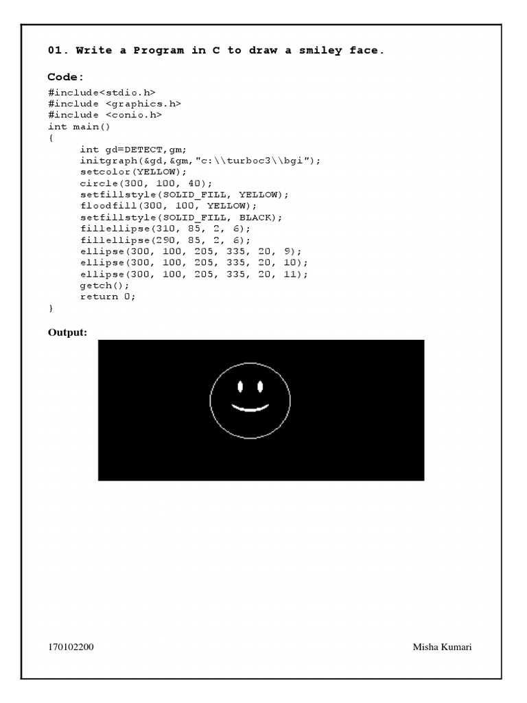 Code:: 01. Write A Program in C To Draw A Smiley Face | PDF | Computer ...