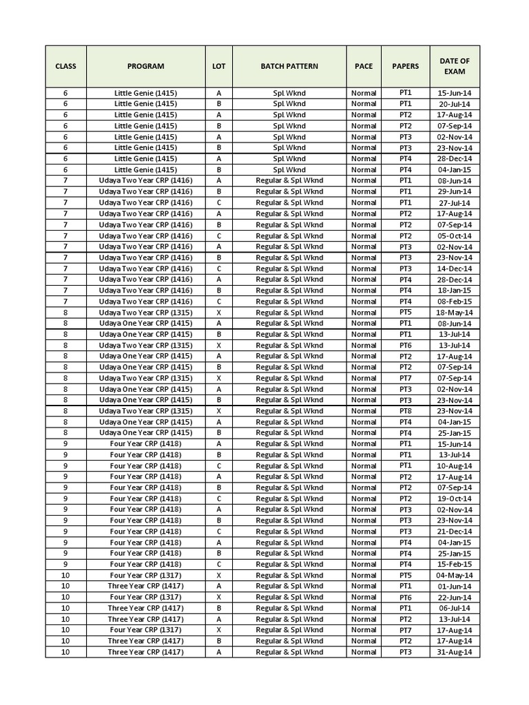 Class Program LOT Batch Pattern Pace Papers Date of Exam | PDF