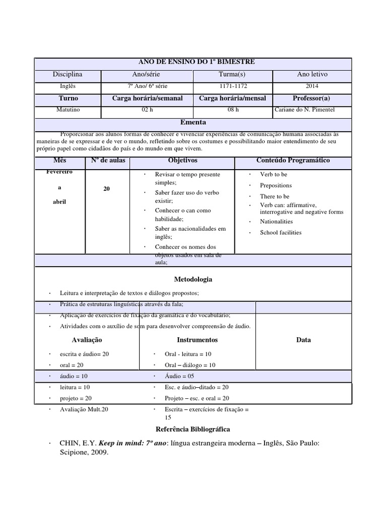 Plano de Aula Inglês | Língua Inglesa | Escrita