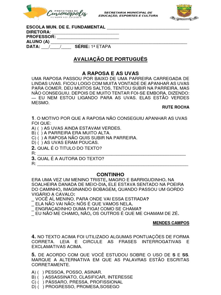 Avaliação de Português | PDF