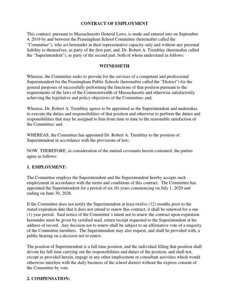 Framingham Superintendent Employment Contract | PDF | Sick Leave ...